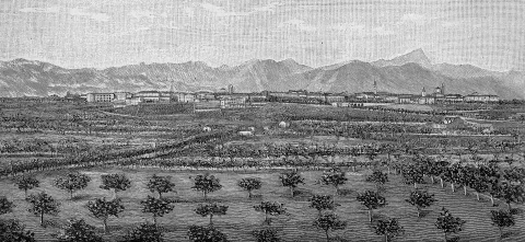 Incisione d'epoca con vista panoramica della città di Cuneo e delle Alpi sullo sfondo.