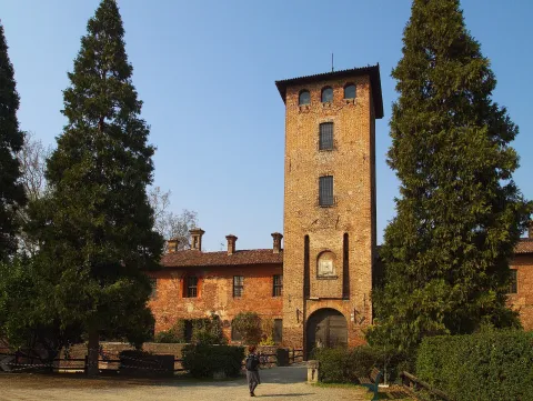 Dipinto storico del Castello Borromeo a Peschiera Borromeo circondato da giardini
