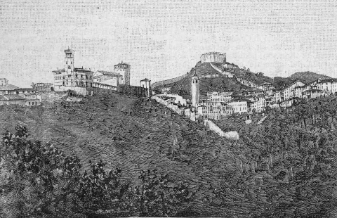 Historical engraving showing the town and hilltop castle of Conegliano