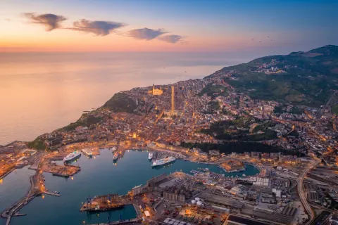 Panoramic aerial view of the city and port of Ancona with neighborhood labels