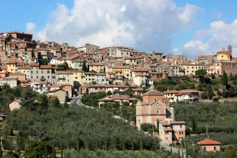 Panoramic view of the historic center of Chianciano Terme with the Church of Madonna della Rosa