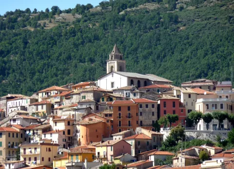 Panoramic view of the historic town of Fiuggi with rustic houses and a prominent church bell tower.