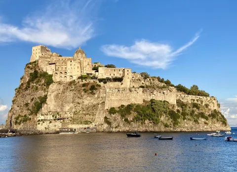 The Aragonese Castle standing on a rocky islet in Ischia, Naples.