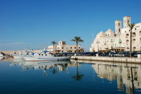 Vista del porto di Molfetta con barche da pesca e il Duomo di San Corrado.