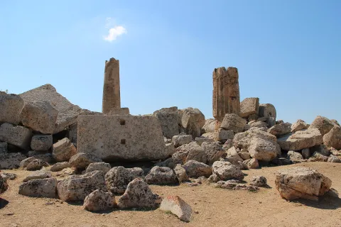 Ruins and columns of the ancient Greek temple at Selinunte archaeological park, Castelvetrano