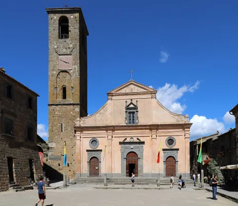 Facade and bell tower of the Church of San Donato in the main square of Civita di Bagnoregio.