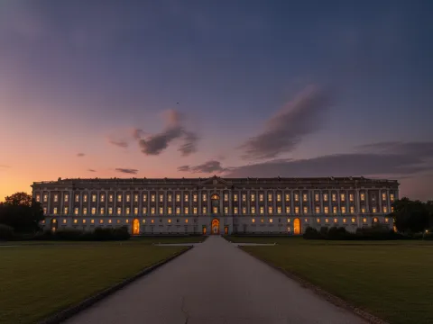 Facade of the Royal Palace of Caserta seen from the garden path.