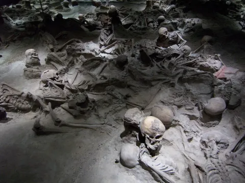 Human skeletons preserved in volcanic ash at the Herculaneum excavations.