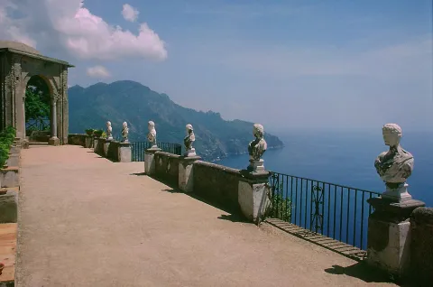 Terrace of Infinity at Villa Cimbrone in Ravello with marble busts overlooking the Amalfi Coast