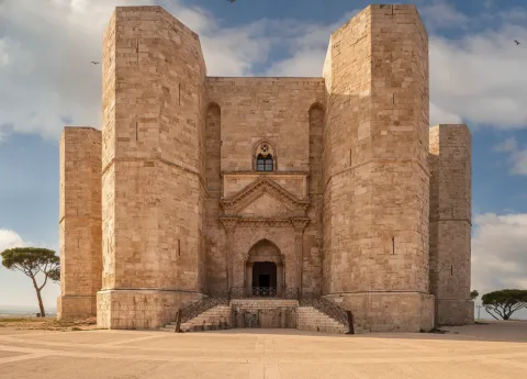 Front view of the historic Castel del Monte in Andria, Apulia, Italy.