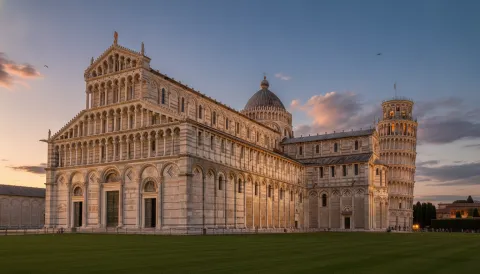 Pisa Cathedral and the Leaning Tower of Pisa on the green lawn of Piazza dei Miracoli