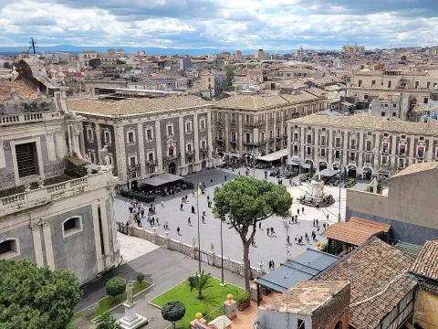 High-angle view of Piazza del Duomo and the Elephant Fountain in Catania