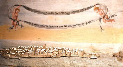 Historical fresco and model showing a panoramic view of Ortigia in Siracusa.