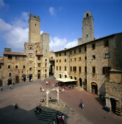 Piazza della Cisterna in San Gimignano featuring a stone well and medieval towers.