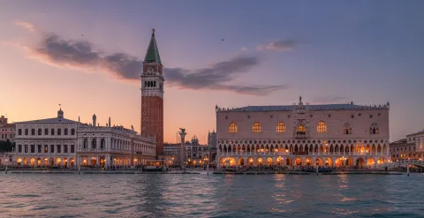 View from the lagoon of the Doge's Palace and St Mark's Campanile in Venice.