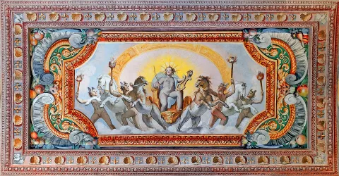 Fresco depicting Apollo's chariot on the ceiling of a hall inside Villa d'Este in Tivoli.