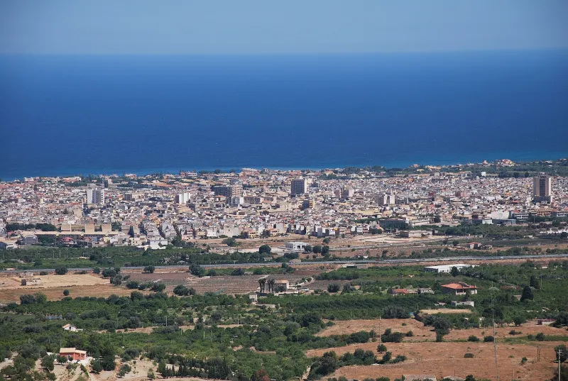 Panoramic view of the coastal town of Avola and the sea from above
