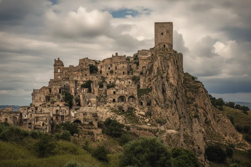Panoramic view of Craco, the ghost town perched on a rocky cliff in Italy.