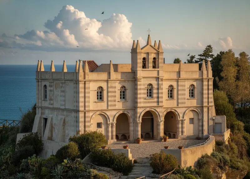 Sanctuary of Santa Maria dell'Isola in Tropea, Calabria, overlooking the blue sea.