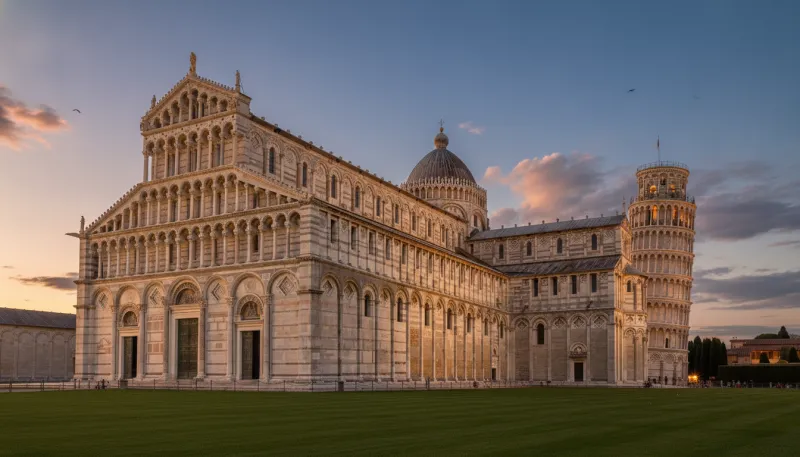 La Cattedrale di Pisa e la Torre Pendente nel prato di Piazza dei Miracoli sotto un cielo azzurro