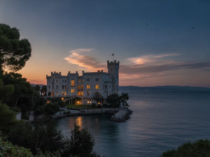 Il Castello di Miramare a Trieste visto tra i rami dei pini marittimi affacciato sul mare.