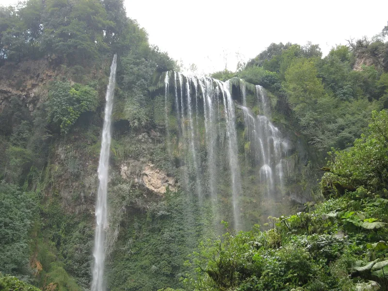 View of the Cascata delle Marmore waterfall in Terni surrounded by lush vegetation.